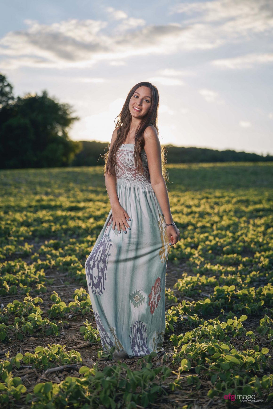 beautiful woman in long dress in field